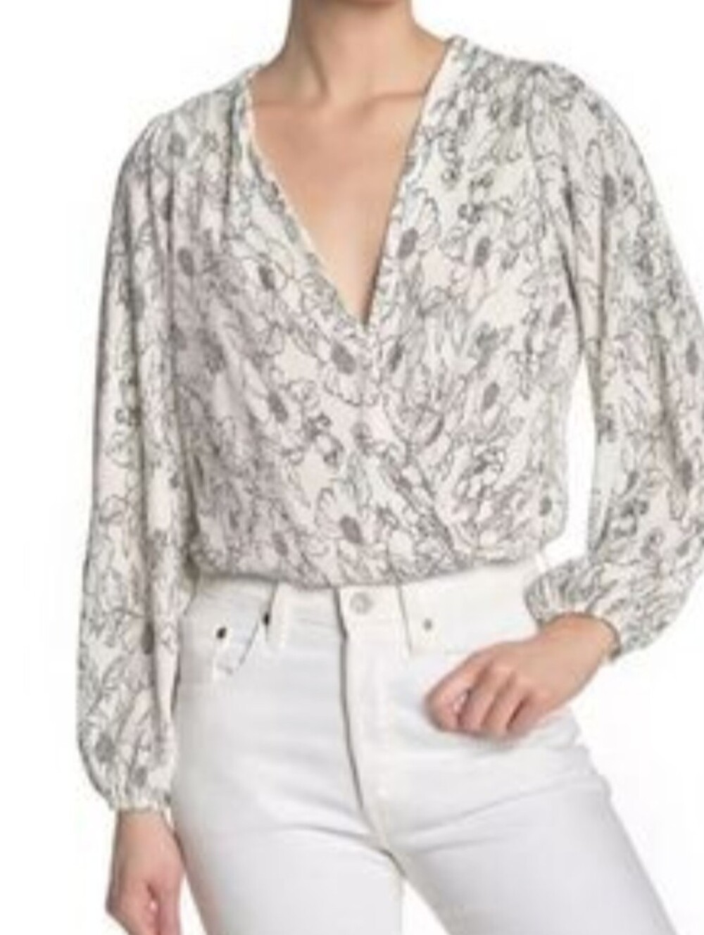 Astr Floral Wrap V-Neck Long-Sleeve Women's Top - White/Black